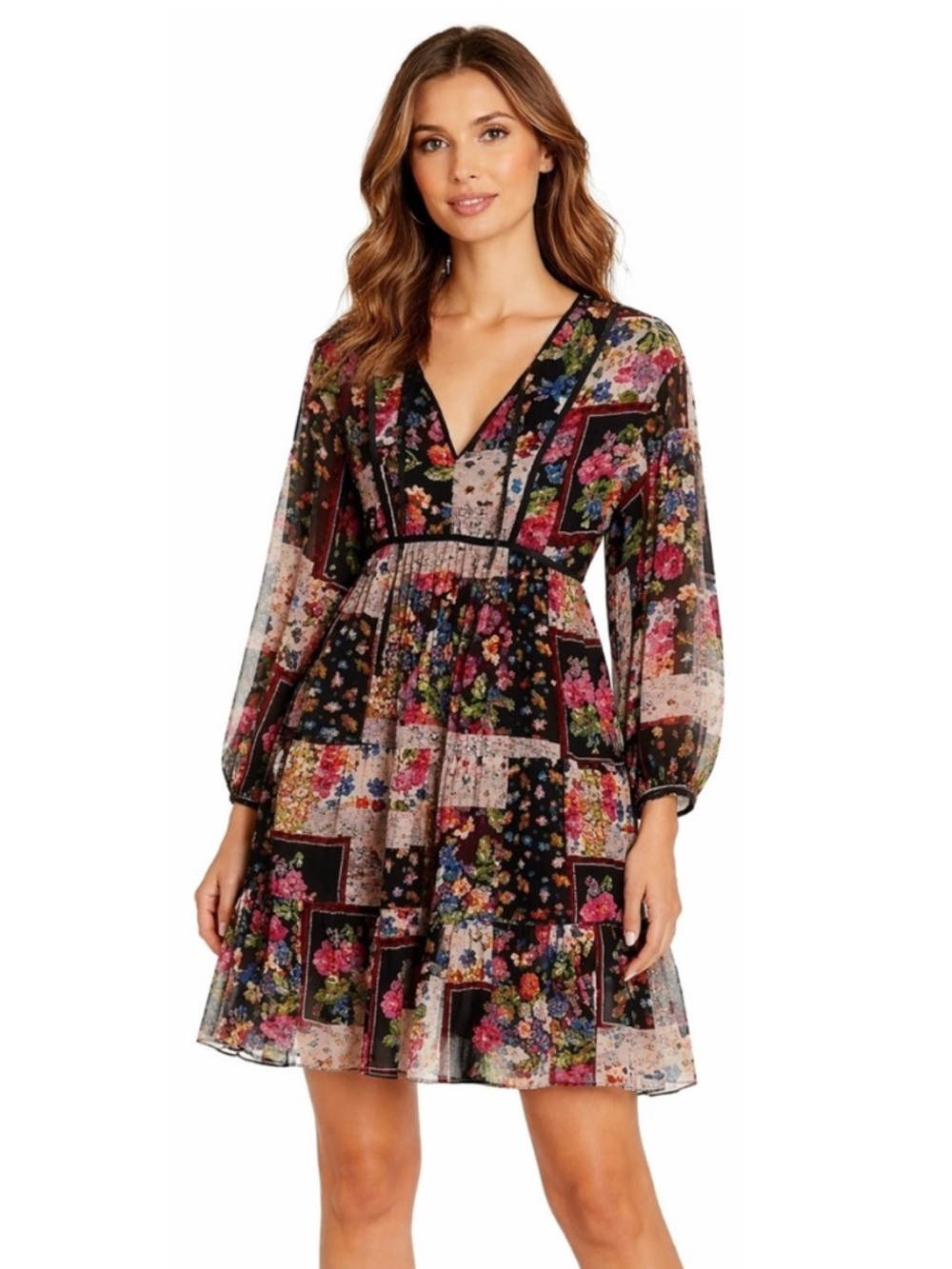 Johnny Was Jade Cruces Patchwork Floral Long Sleeve Dress Size XS